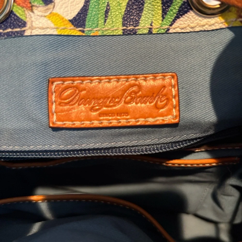 Dooney & Bourke Blue Floral Bucket Bag with Tan Trim - Picture 9 of 13